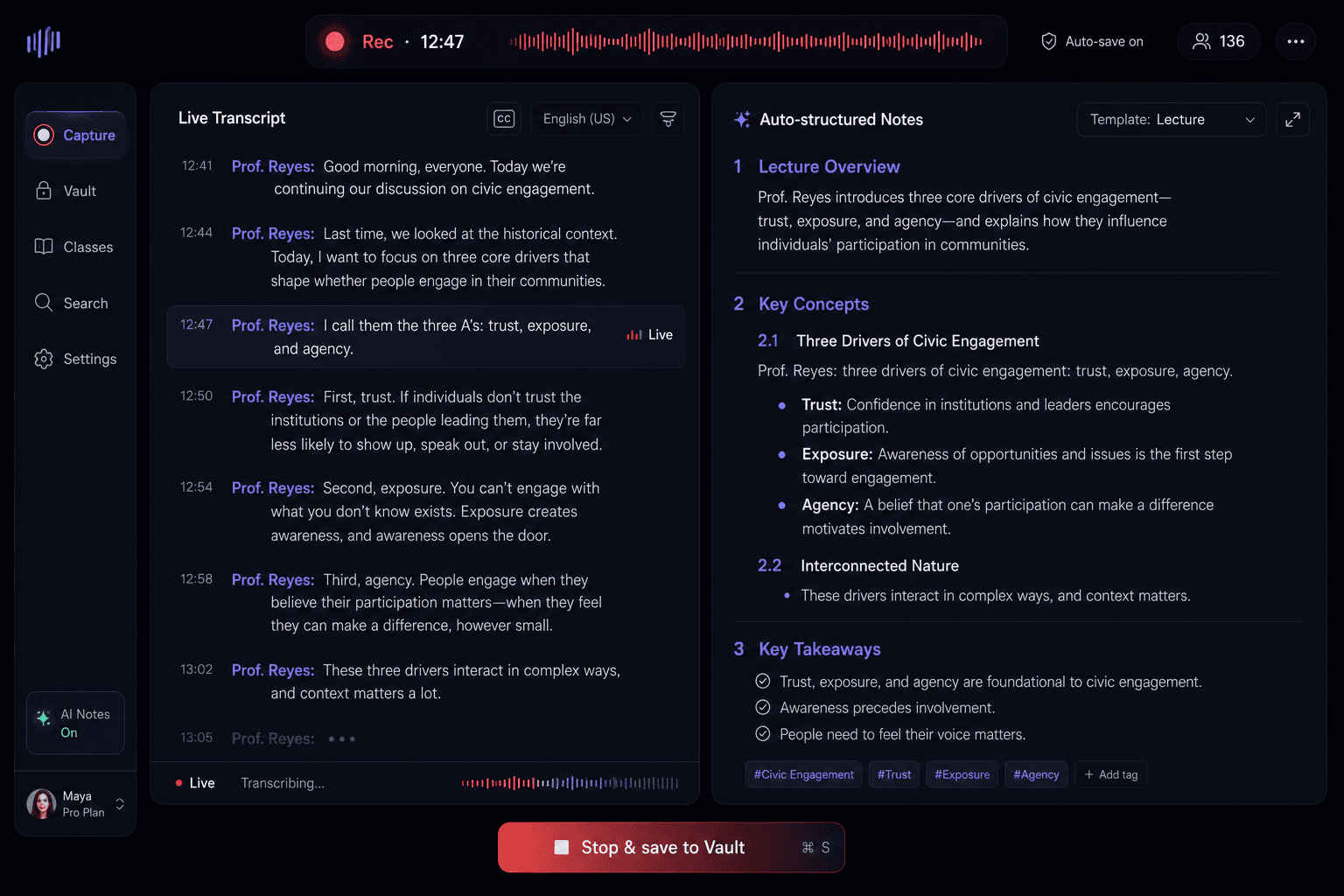 Pageprof Capture recording a lecture with a live transcript beside auto-structured notes